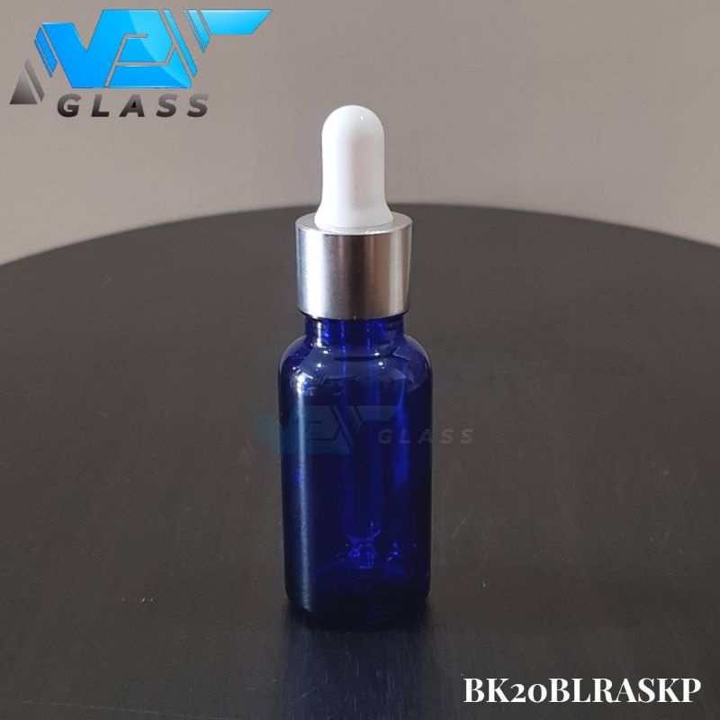 botol kaca pipet 20ml tebal biru - ring almunium silver