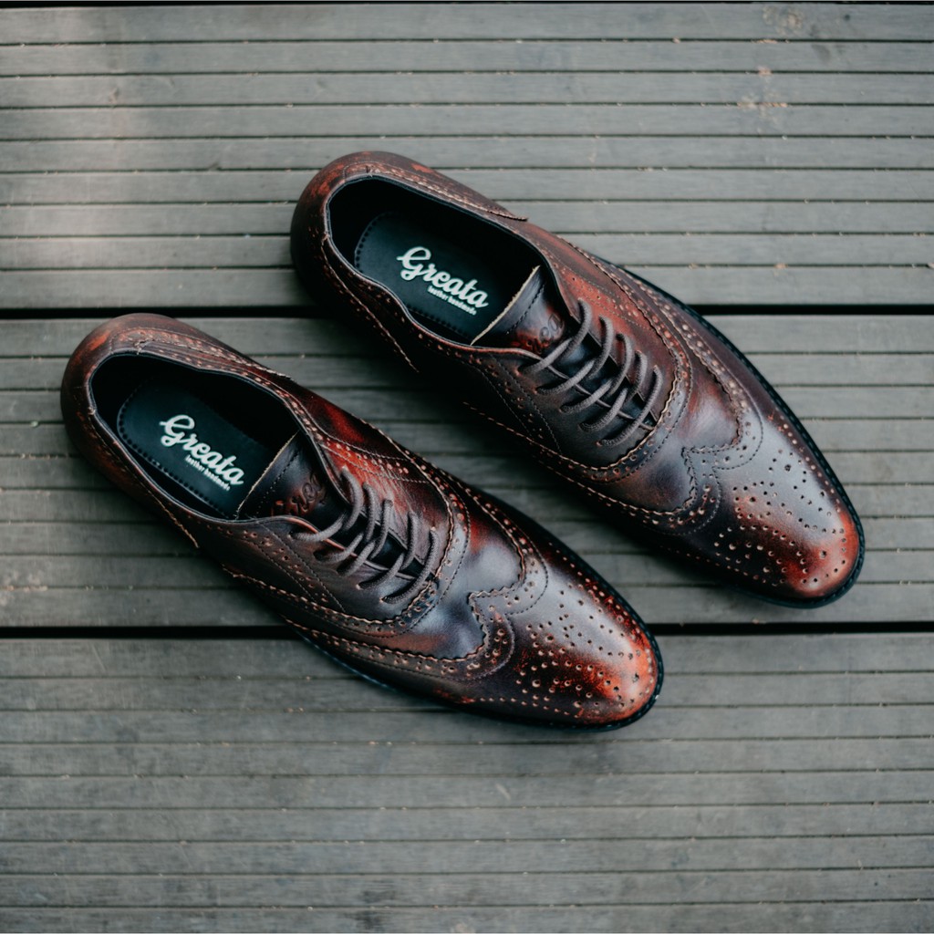HALSTEN MAROON |FORIND x Greata| Sepatu Kulit Asli Formal Vintage Klasik Pria/Men Longwing Footwear