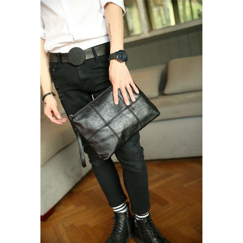 HO65 Pu Kulit Tas Tangan Pria Clutch Bag Lembut Tas Amplop Kulit Kepala Hantu Keling Tas Ipad Paket