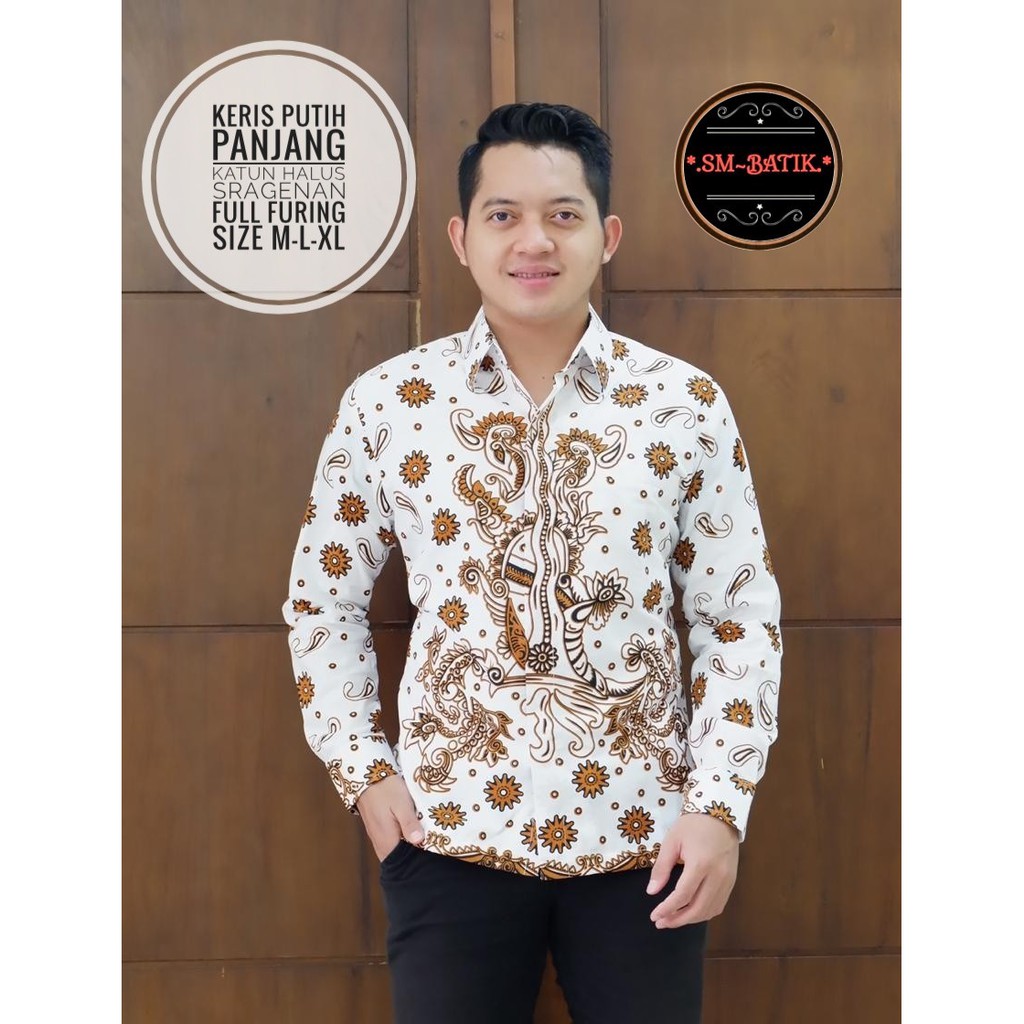 KERIS PUTIH PANJANG Kemeja Batik Solo Lengan  Panjang Bahan Katun Halus Full Furing By SM