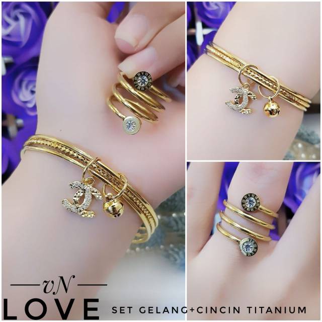 PROMO TERMURAH Set Perhiasan TITANIUM Anti Karat Gelang Chanel Cincin Cantik Modis Xuping Gold Laris