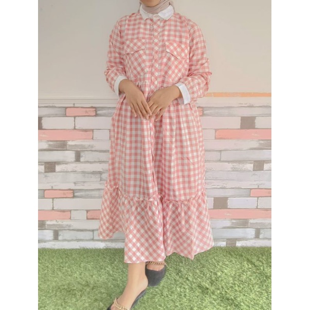 Midi Dress Katun /Dress Motif Kotak