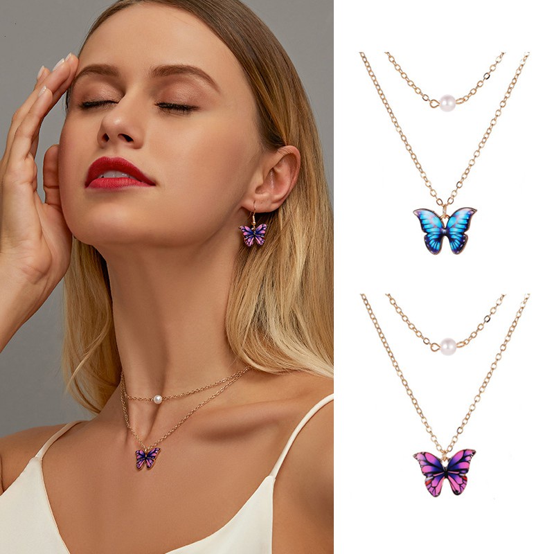 Set Kalung + Anting Kait Gantung Wanita Desain Kupu-Kupu Hias Manik Multi Warna Gaya Retro Korea Butterfly