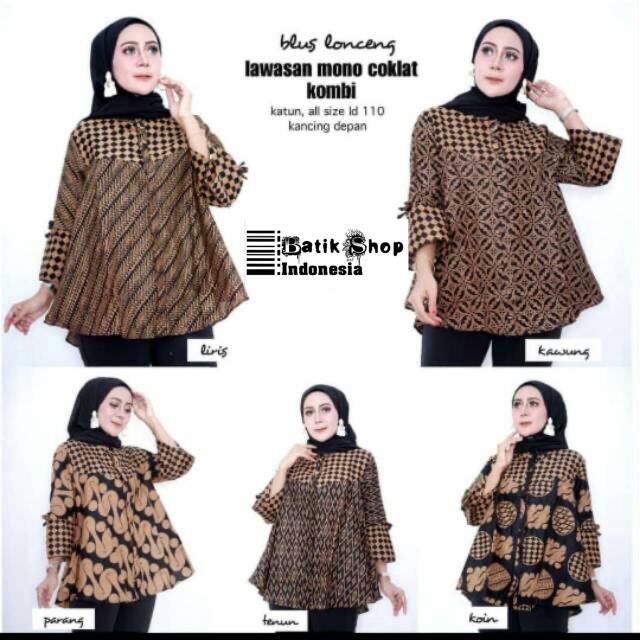 Blus Lonceng Lawasan Mono Coklat Kombi Batik Blouse Kerja Kantoran Baju Seragaman Klasik