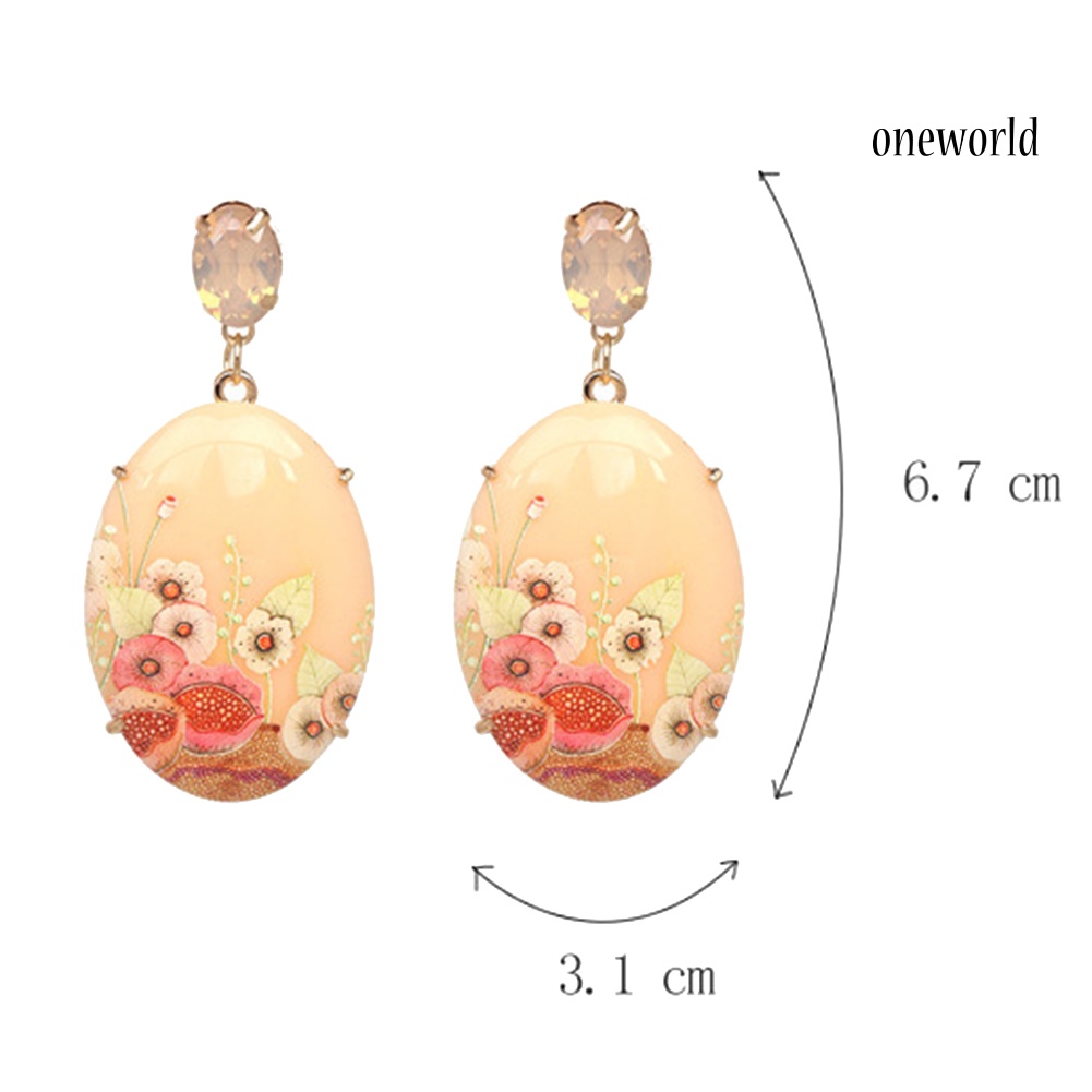 OW@ Elegant Women Resin Oval Shape Flower Pendant Earrings Rhinestone Inlaid Jewelry