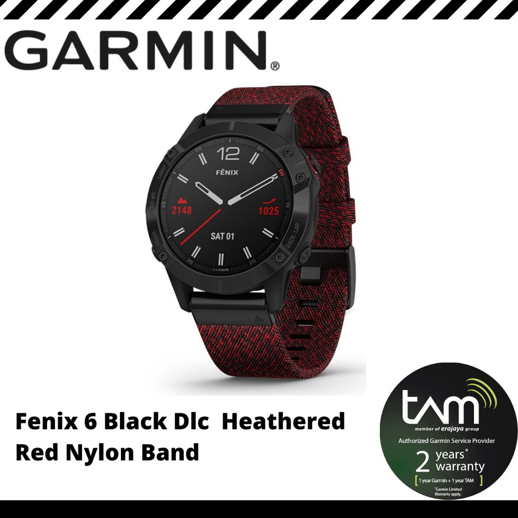 Garmin Fenix 6 Black DLC with Heathered Red Nylon Band - Tam 2 Tahun