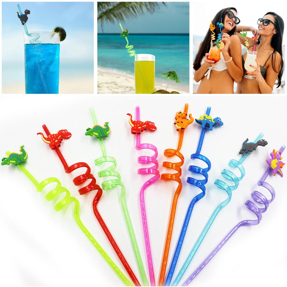 Populer 8PCS Dinosaurus Reusable Sedotan Warna-Warni Anak Minum Dekorasi Perlengkapan Pesta Pola Kartun