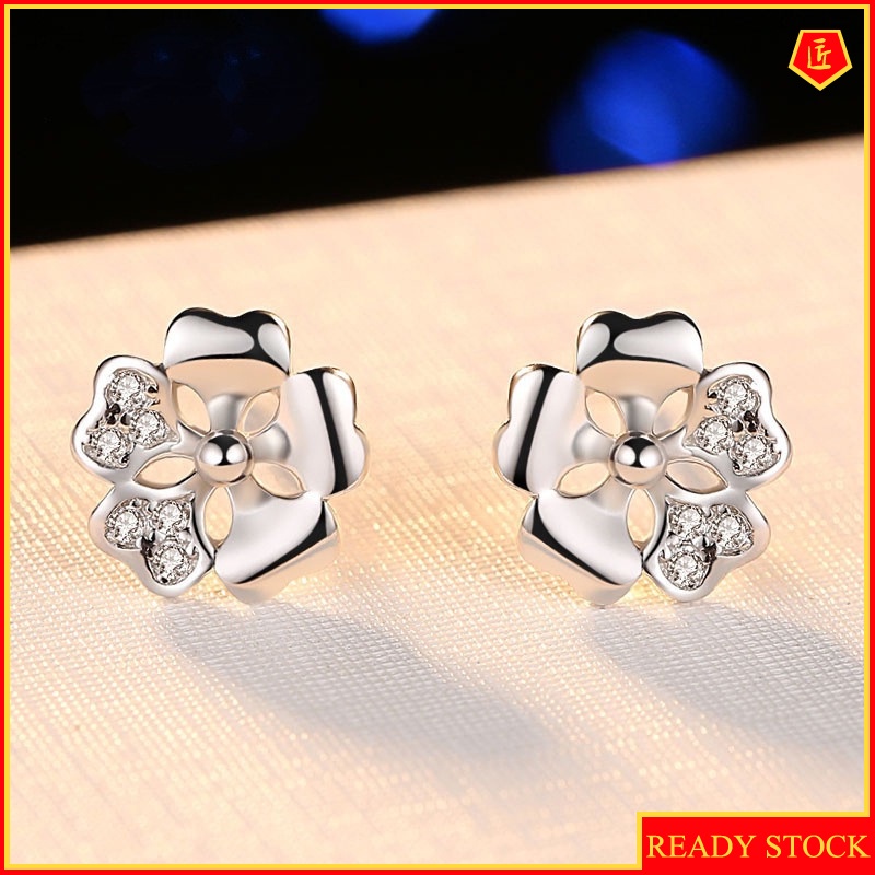 [Ready Stock]Female Silver Peach Blossom Diamond Stud Earrings