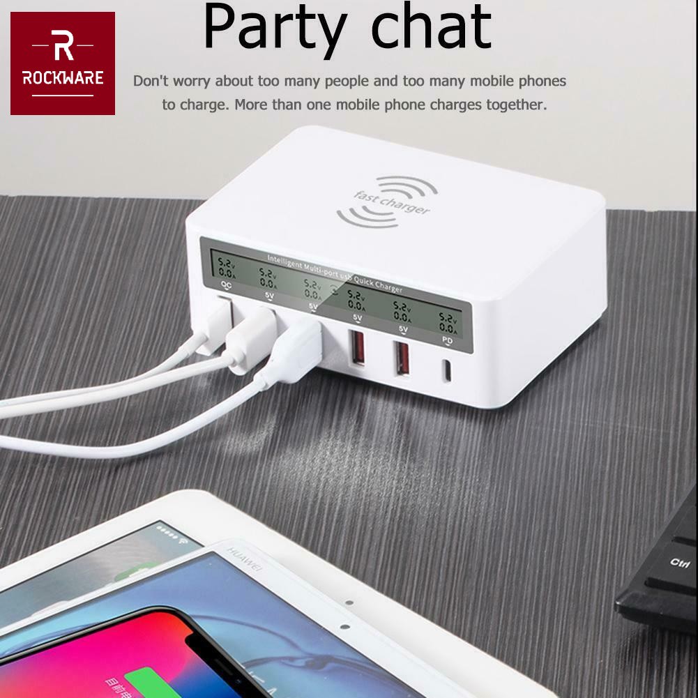 ROCKWARE 818PF Charger 5 USB-A and 1 PD 18W Wireless Charge - 100W 8A - Charger Multiport Universal