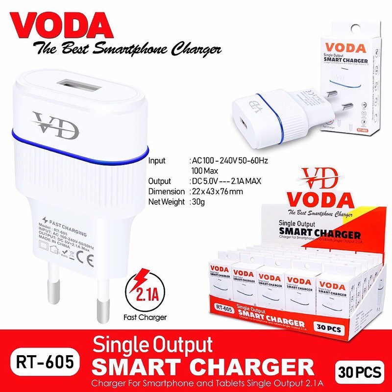 ADAPTOR CHARGER VODA RT-605 1PORT USB 2.1A 1BOX 30PCS