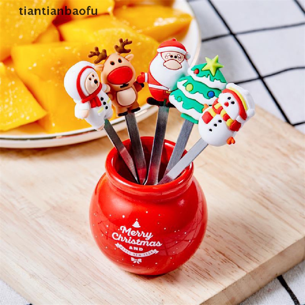 5pcs / Set Garpu Buah Salad Sayuran Desain Kartun Santa Claus Bahan Stainless Steel Untuk Natal