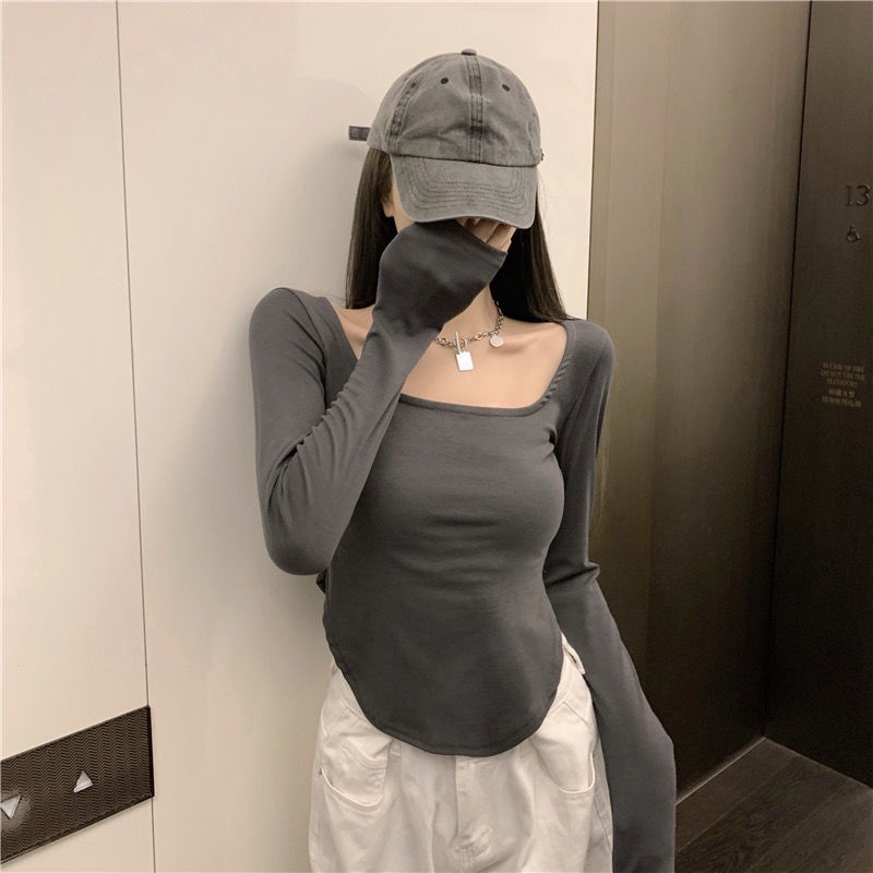 #Sisjuly# Tunjukkan Pinggang Tipis Leher Persegi Kaos Pendek Skinny Stretch Bottoming Shirt Top