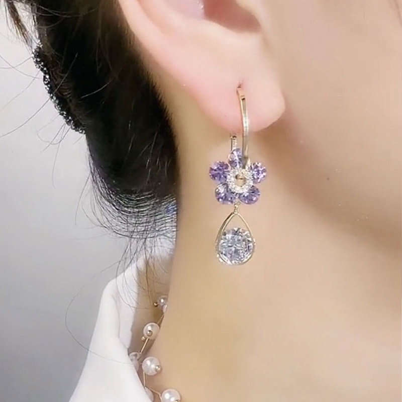 Fancyqube Anting Menjuntai Desain Bunga Aster Hias Kristal Zircon Biru Gaya Korea Untuk Wanita