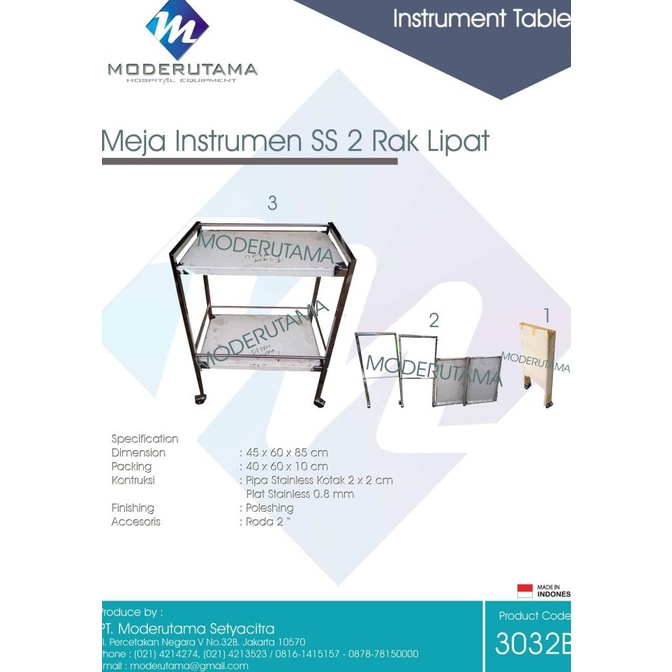 Meja Instrumen / Troli Instrumen 2 Rak Lipat Stainless Steel