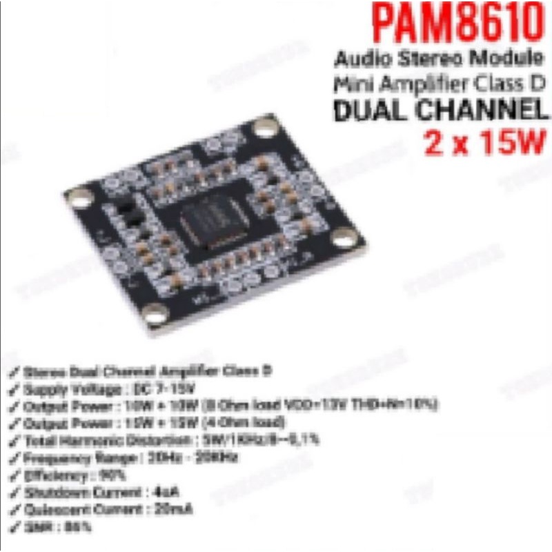 Modul amplifier mini Stereo  2 x15W Class D IC PAM8610.