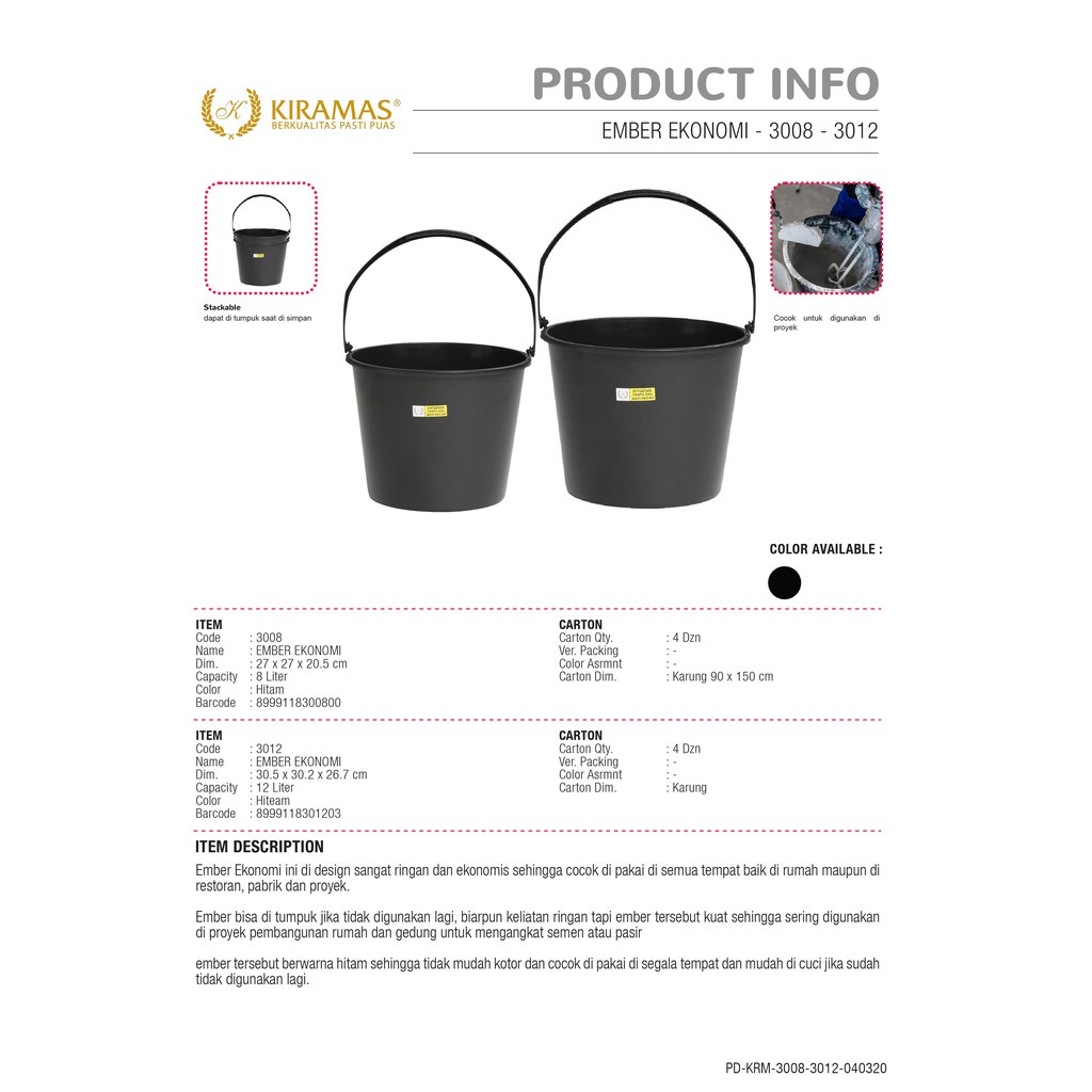 Kiramas 3012 Ember Air Ekonomi 12 Liter Hitam Plastik Dengan Gagang Handle