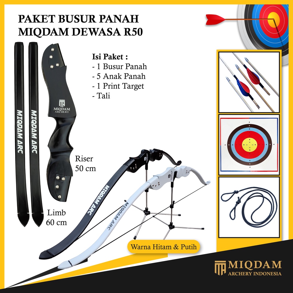 Busur Panah Miqdam Dewasa R50 || Face Target || 5 Arrow Bambu Petung Point Anhas Vanes Lakban