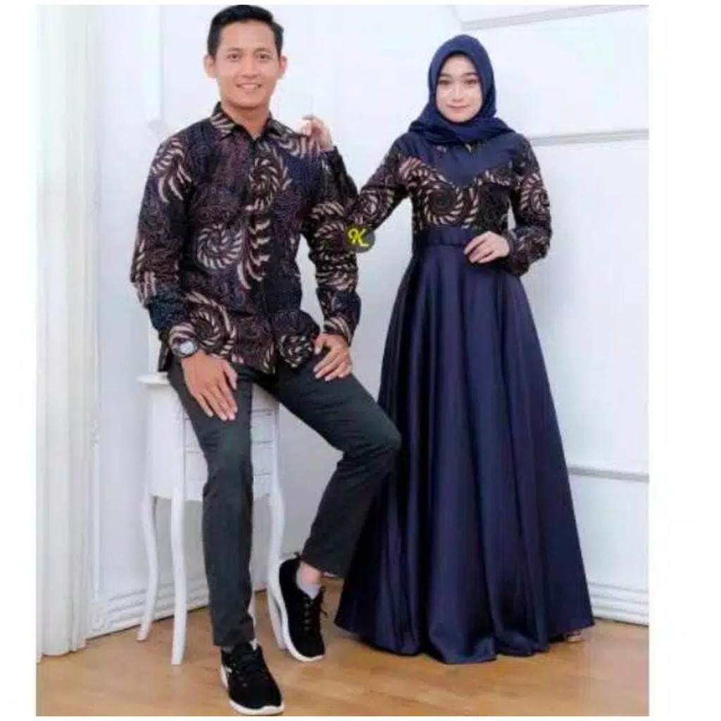 Batik couple keluarga modern terbaru set couple batik keluarga gamis jumbo Valvet user biru termurah di shopee / Baju batik-Couple Navy