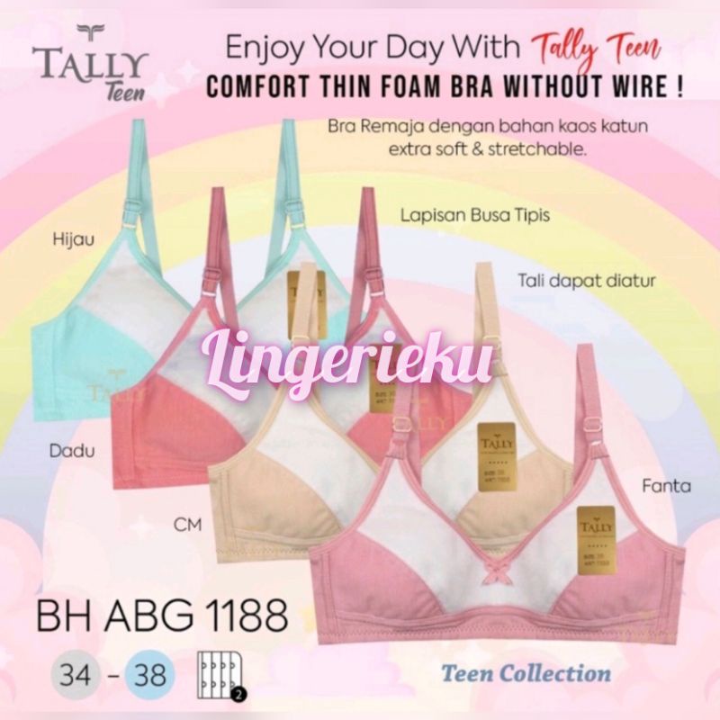 Tally 1188 BH Bra Remaja Busa Tipis Tanpa Kawat Bahan Katun Mix Warna