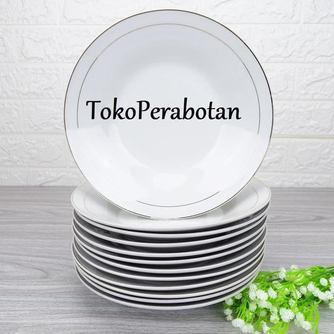 Piring Makan Keramik HW 9 inchi (lis emas) /lusin - Putih
