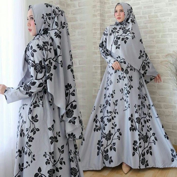 pakaian Gaun muslim ibu islami ak sd ALZENA SYARI GREY / baju wanita hijab muslim dress perempuan un