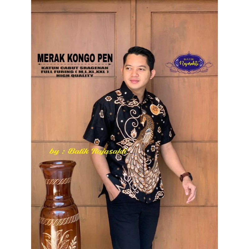 Hem Batik Lengan Pendek Pria Batik Pria Hitam Lengan Pendek MERAK KONGO PEN