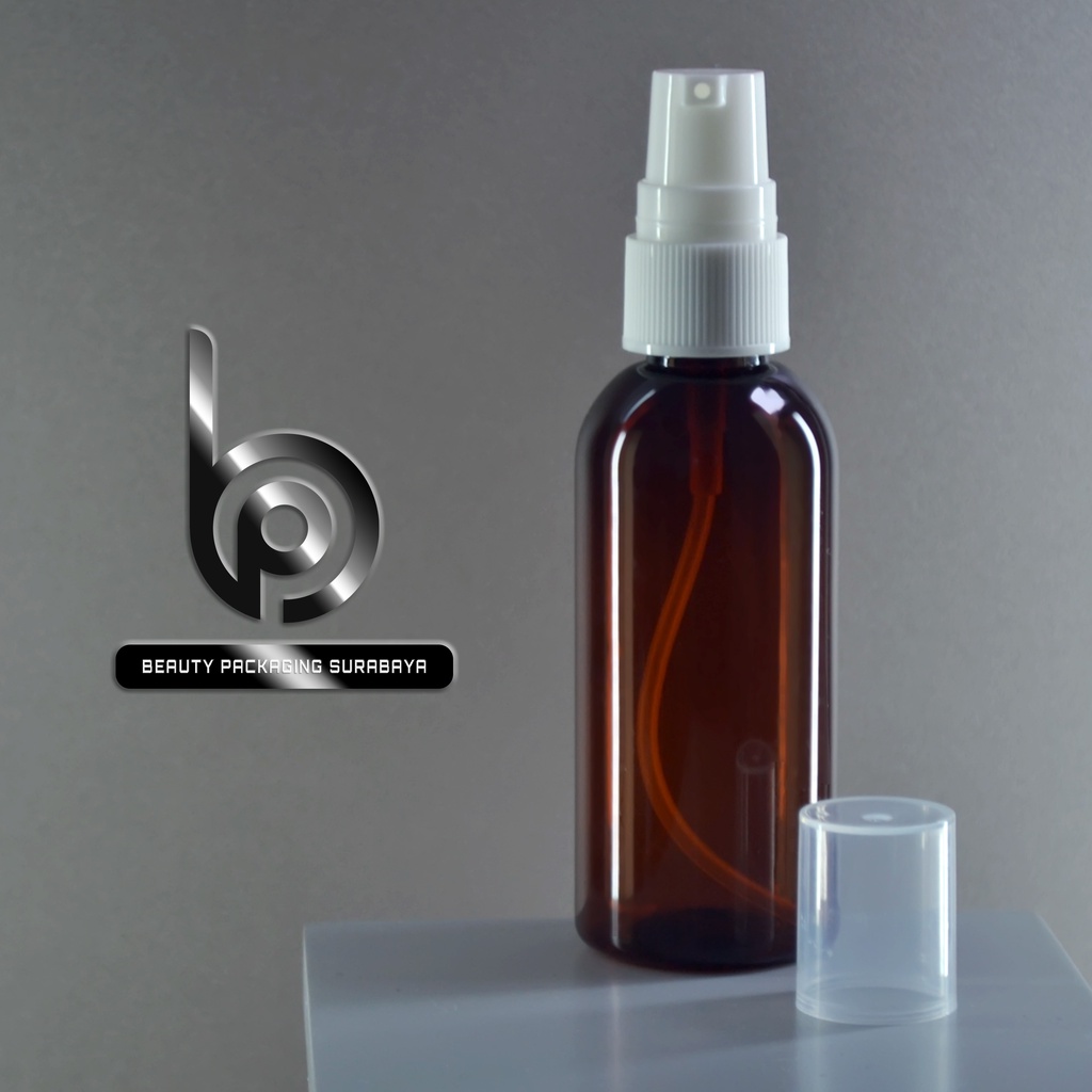 Botol Plastik PET 60ml BR Coklat Amber Tutup Pump Treatment Half Cap