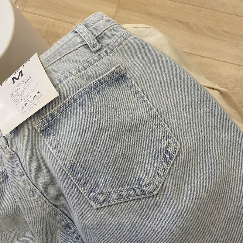 Vintage Basic Washed Warna Muda Pinggang Tinggi Kaki Tipis Celana Jeans Kesembilan Kecil Lurus Cocok untuk Semua