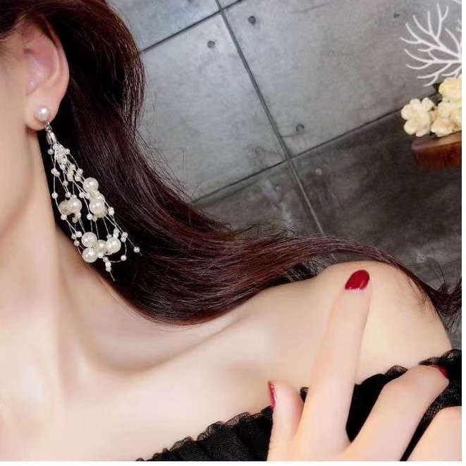(Hello Girl)E35 Anting Mutiara Jaring Fashion Wanita Mutiara Putih Panjang Stud Earrings Import-2