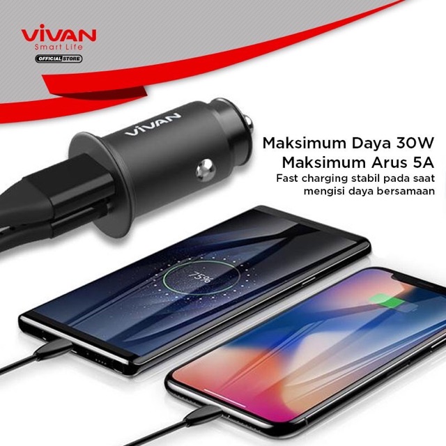 VIVAN Car Charger Mobil 2 Port USB Quick Charge 4.0 Fast Charging Garansi Resmi 1 Tahun - CCT2