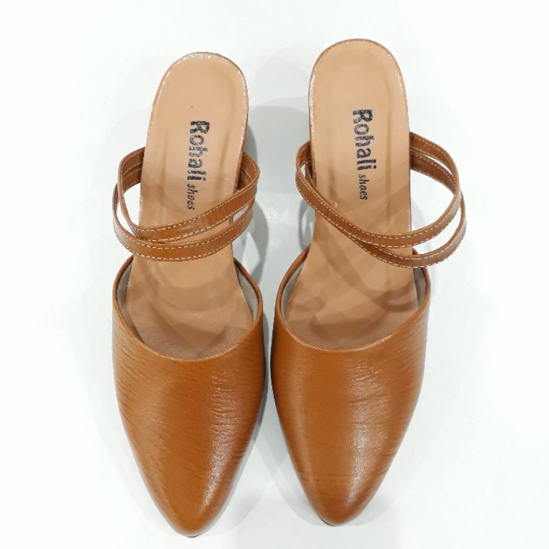 SANDAL TALI BELAKANG HIGH HEELS JENIS MULES ASLI KULIT MODEL TERBARU