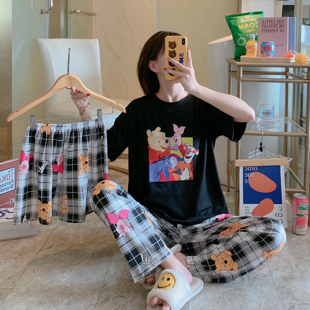 AJW Shop Piyama 3 in 1 | Piyama Lengan Pendek | Baju Tidur Impor | Baju Tidur 3in1-Pooh Fam Hitam