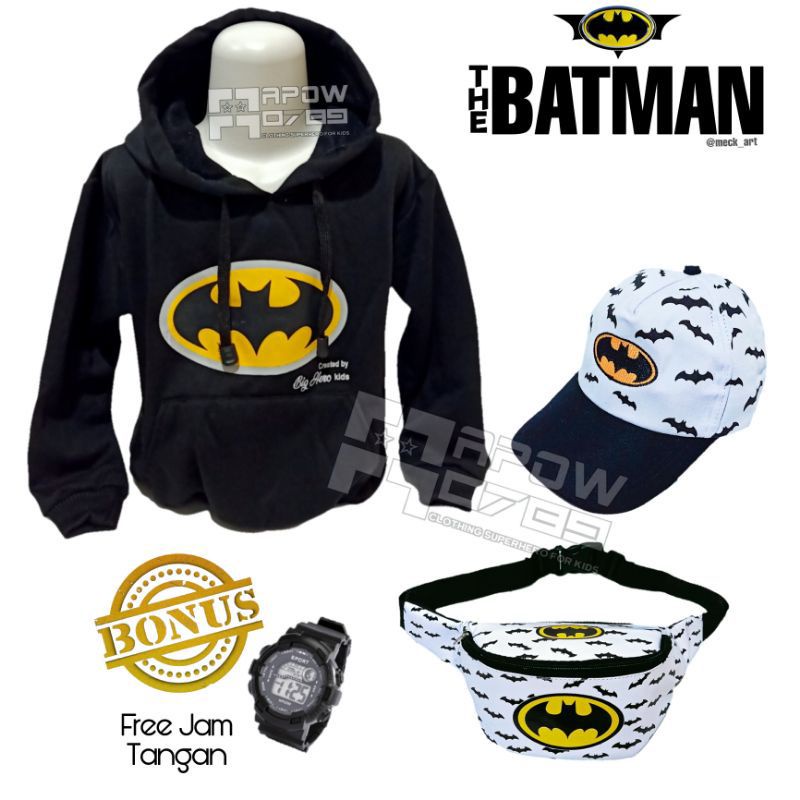 SWEATER HOODIE ANAK KARAKTER BETMEN GRATIS WAISTBAG TOPI BORDIR JAM TANGAN - SWEATER ANAK