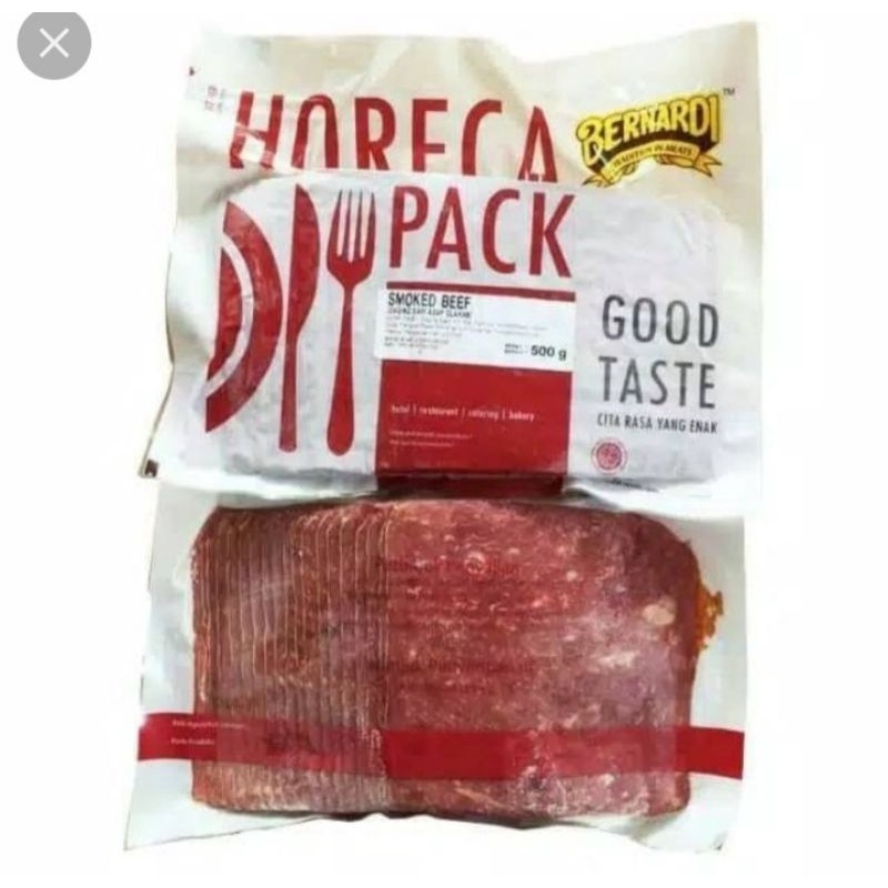 

Bernardi Horeka Pack Daging Sapi Asap Bentuk Kotak / Smoked Beef Kotak Block | Berat Bersih 500gr