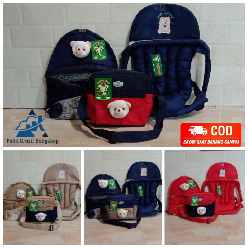 Gendongan Bayi Depan Bordir Tas Bayi Beruang Dan Gendongan Bayi Samping Beruang ( 3 in 1 )