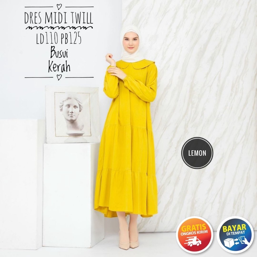 Midi Dress Wanita Dewasa Lengan Panjang Kekinian Polos Terbaru Busui Friendly Resleting Depan Twill 