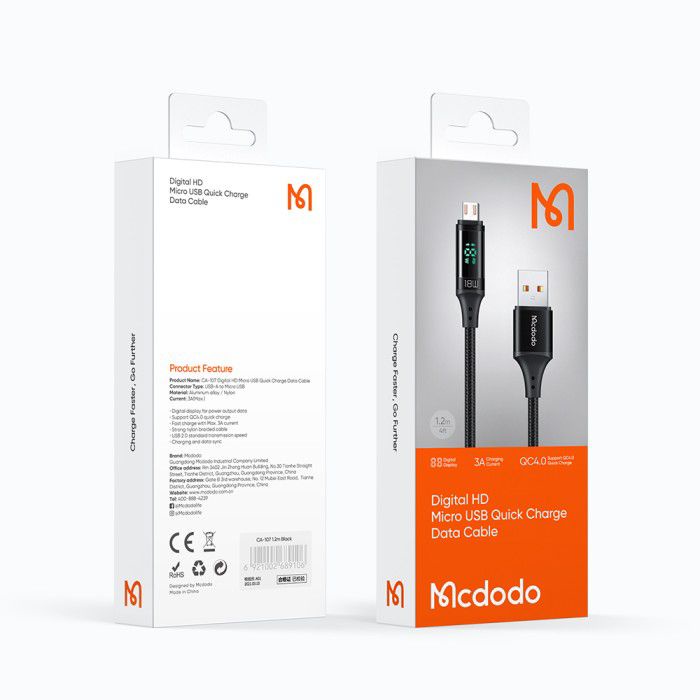 MCDODO CA-1070 Cable Digital LED USB to Micro USB 1.2m - 18W - Garansi Resmi 6 Bulan