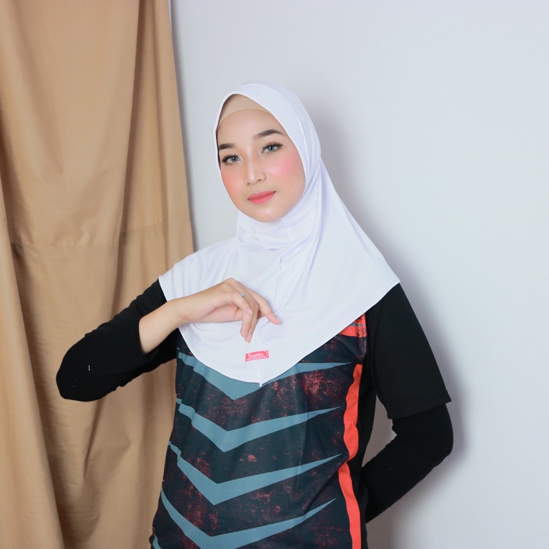 Kerudung Khimar Instan Hijab Sporty pet bahan Jersey Olahraga Volly Basket Futsal By Shamira-White