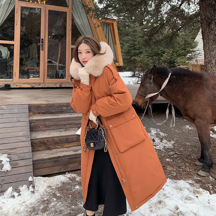 Shiwen   Sama  2021new Jaket Wanita Panjang  Korea Besar Bulu Kerah Bebek Putih Bawah siswa Mantel