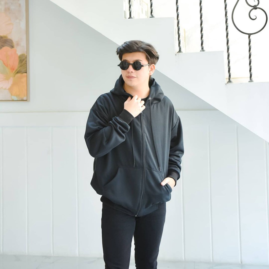 Jiper Hoodie Hitam Basic Polosan Cowok Fit To XXL Polosan ld 130 Panjang 70