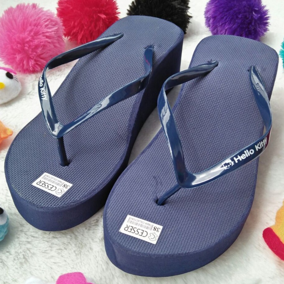 Sandal Wedges Spon Warna BIRU NAVY / BIRU DONGKER dengan JEPIT POLOS