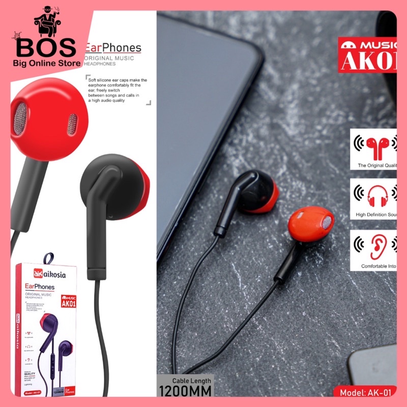 BOS - HF AIKOSIA MODEL AK01 | HANDSFREE EARPHONE HENDSET EXTRA BASS AK-02