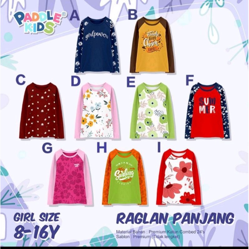 8-16 T Kaos Anak Perempuan Lengan Panjang Raglan Panjang By Paddle Kids