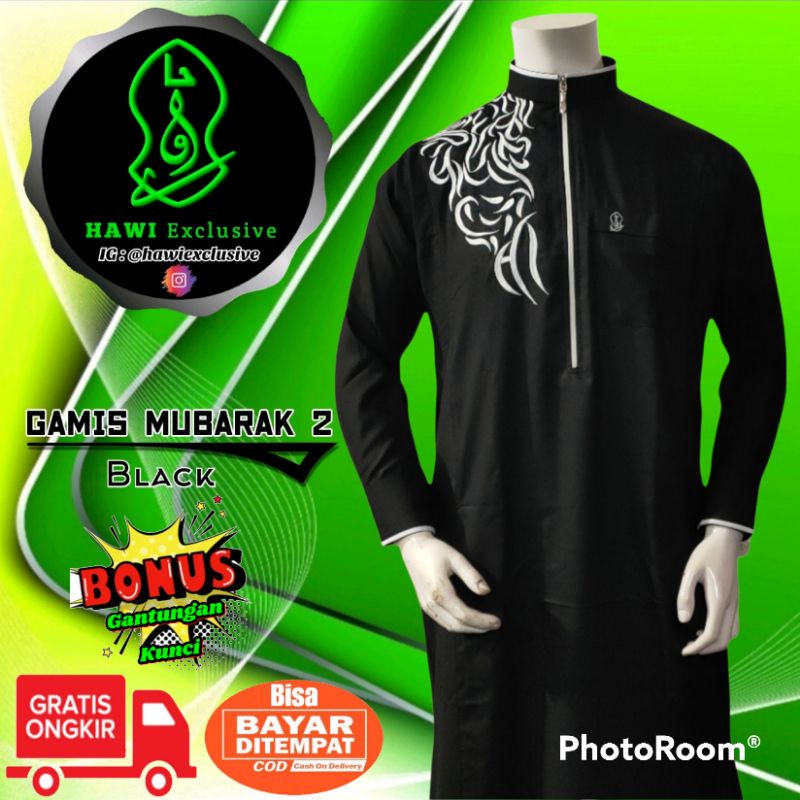 Gamis Hawi Exclusive Motif Mubarak 2 / Jubah Pria / Laki-laki / Lengan Panjang / Putih / Bordir Keki
