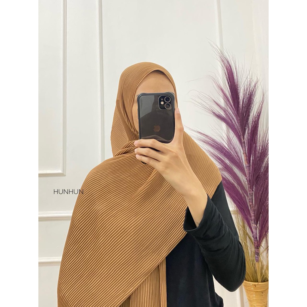 (Full Plisket Ceruty) Pashmina Pasmina Plisket Lidi Premium/ Fatin Jilbab Pasmina-FULL CERUTY (B) MOKA