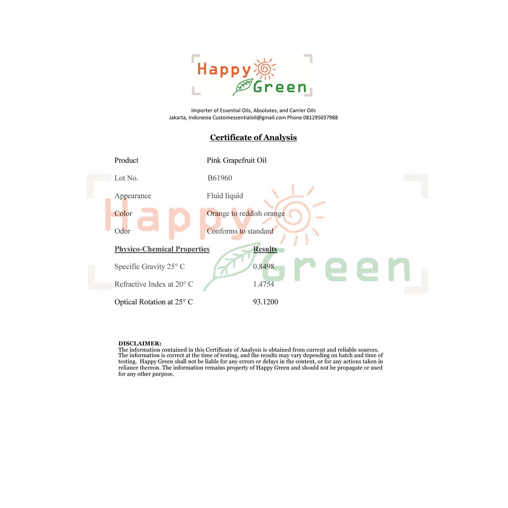 Happy Green ORGANIC Grapefruit Essential Oil - Grapefruit Murni