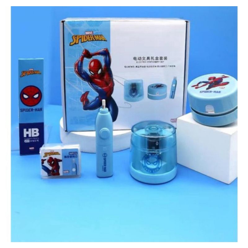 

peraut pensil spiderman elektrik set lengkap vakum penghapus