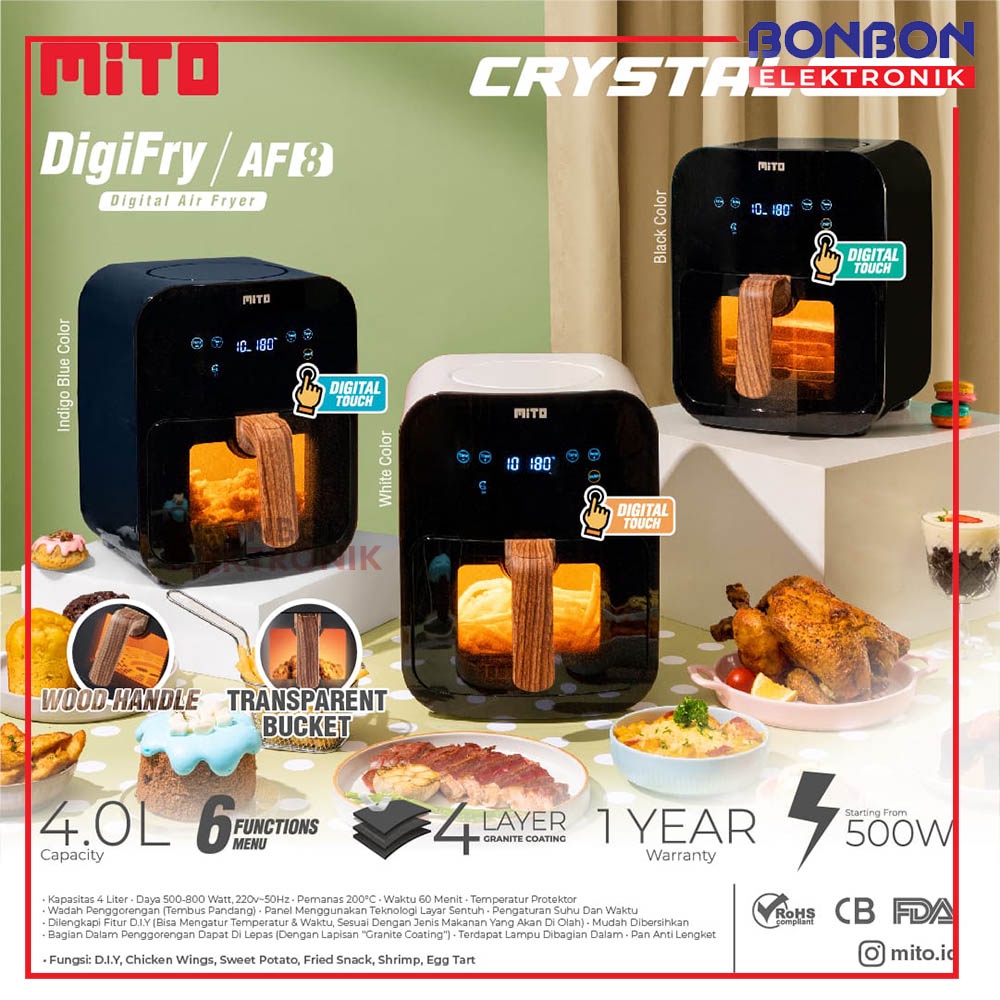 MITO Air Fryer Crystal Series AF8 / AF 8 4 Liter 500W Low Watt