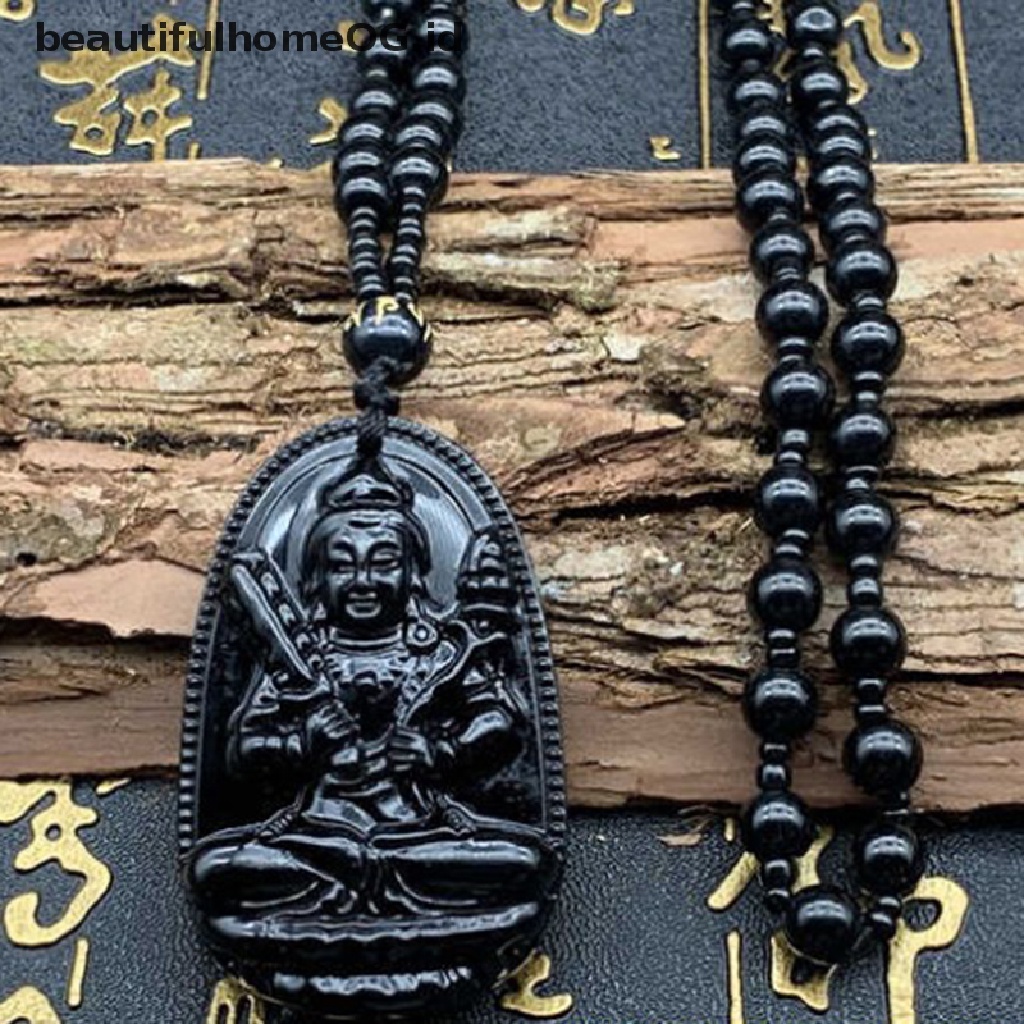 1pc Kalung Liontin Batu Obsidian Alami Ukiran Budha