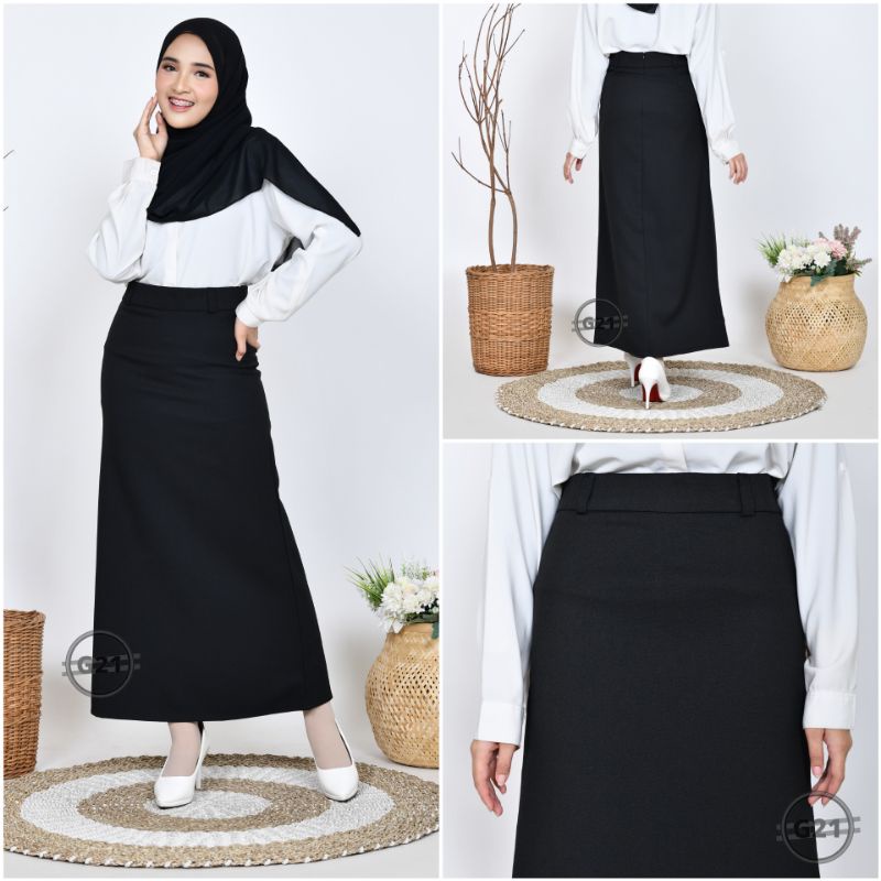 Rok Kerja Panjang Hitam Rok A Line Bahan Formal Kantor-Hitam